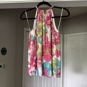 Trina Turk Women’s Printed Halter Neck Sleeveless Blouse XS Pink Blue Green